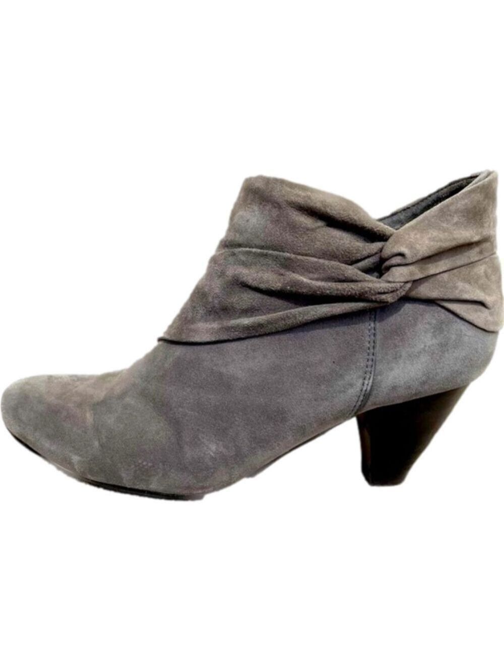 Browns Gray Suede Bootie Ankle Boot Knot Detail, 3” Cone Heel, Side Zip, Size 8